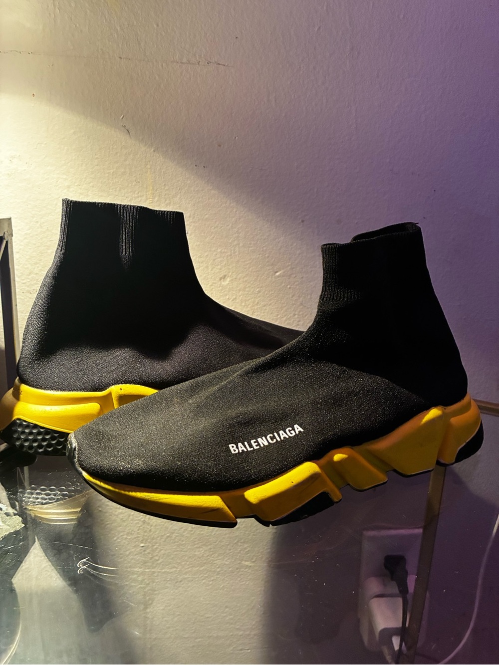 Balenciaga Black Knit Sock Sneakers with Yellow Sole